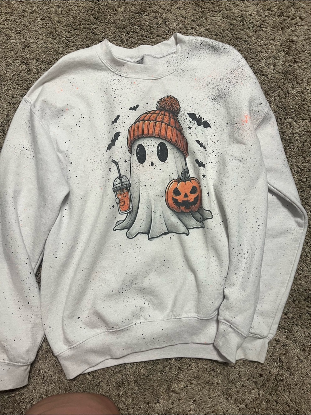 Cute ghost White Crewneck Sweatshirt with Orange Ghost Graphic